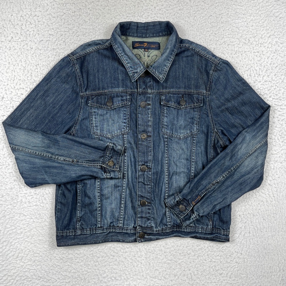 Seven7 Denim Jacket Womens XL Blue Trucker Embroidery Y2K Indie Boho Casual